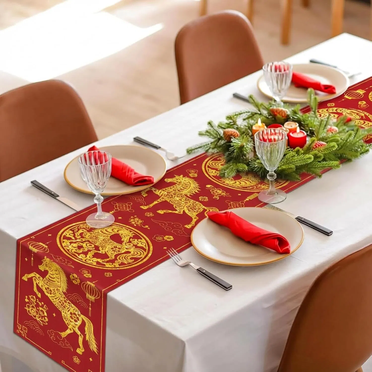 Traditional Chinese-Inspired New Year's Eve Table Runner with Festive Garland — New Years Eve Party 2027