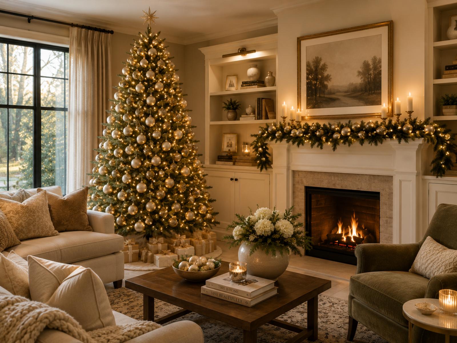 Traditional Living Room with a Gold-Ornamented Christmas Tree — Christmas Tree Color Schemes
