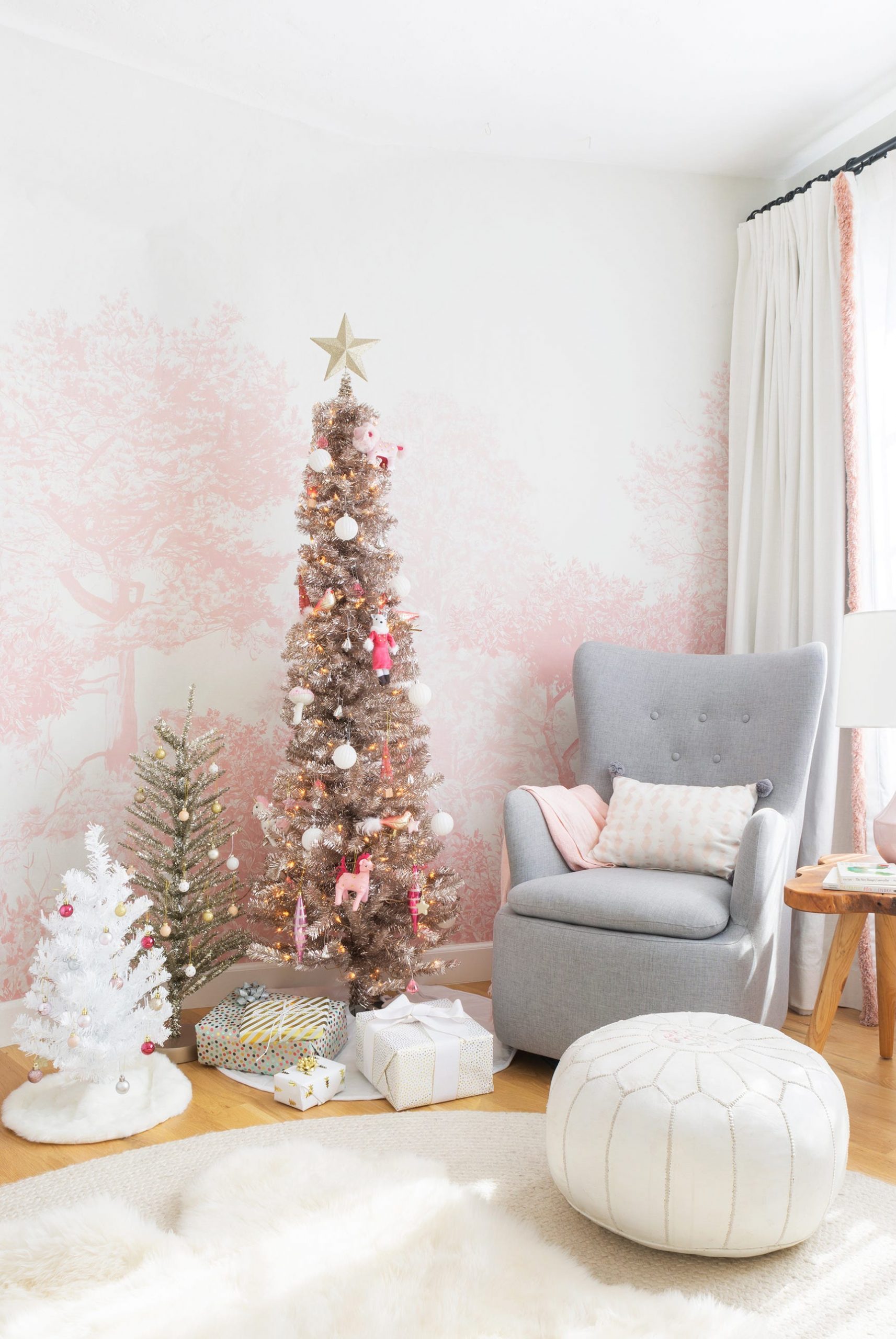 Whimsical Corner with Three Small Christmas Trees — Small Christmas Tree Decor