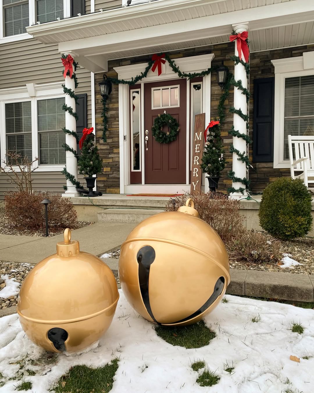 Grand Entrance with Oversized Gold Bells in the Yard — Christmas Yard Decor