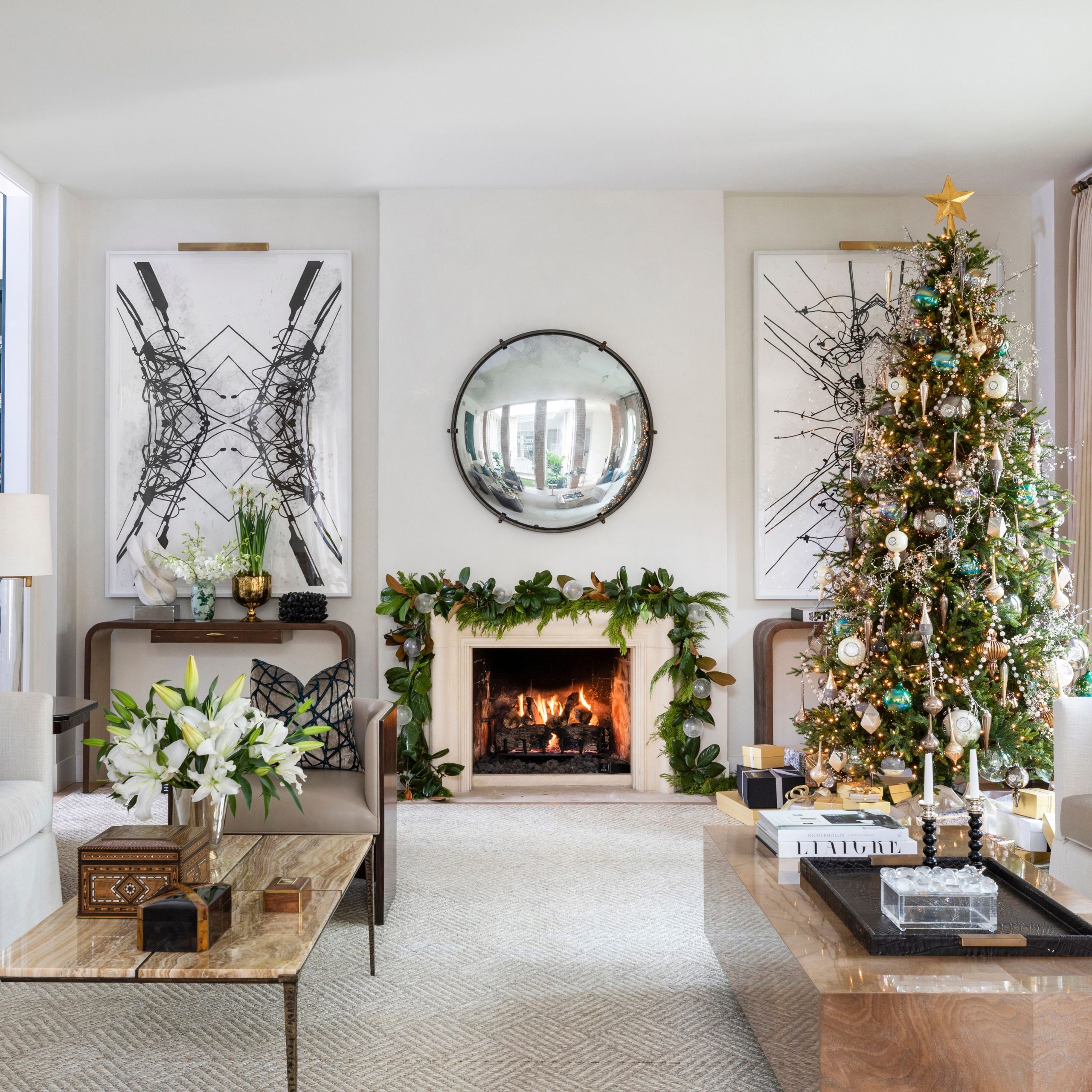 Elegant Living Room with Modern Art and Tall Tree — Whimsical Christmas Decor
