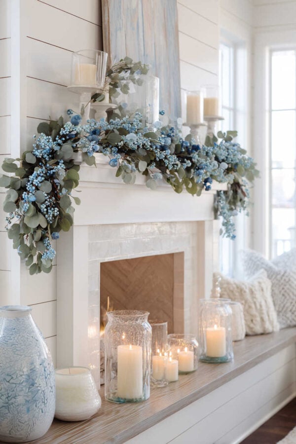 Serene Fireplace Mantel with Eucalyptus and Blue Berries — Elegant Christmas Decor