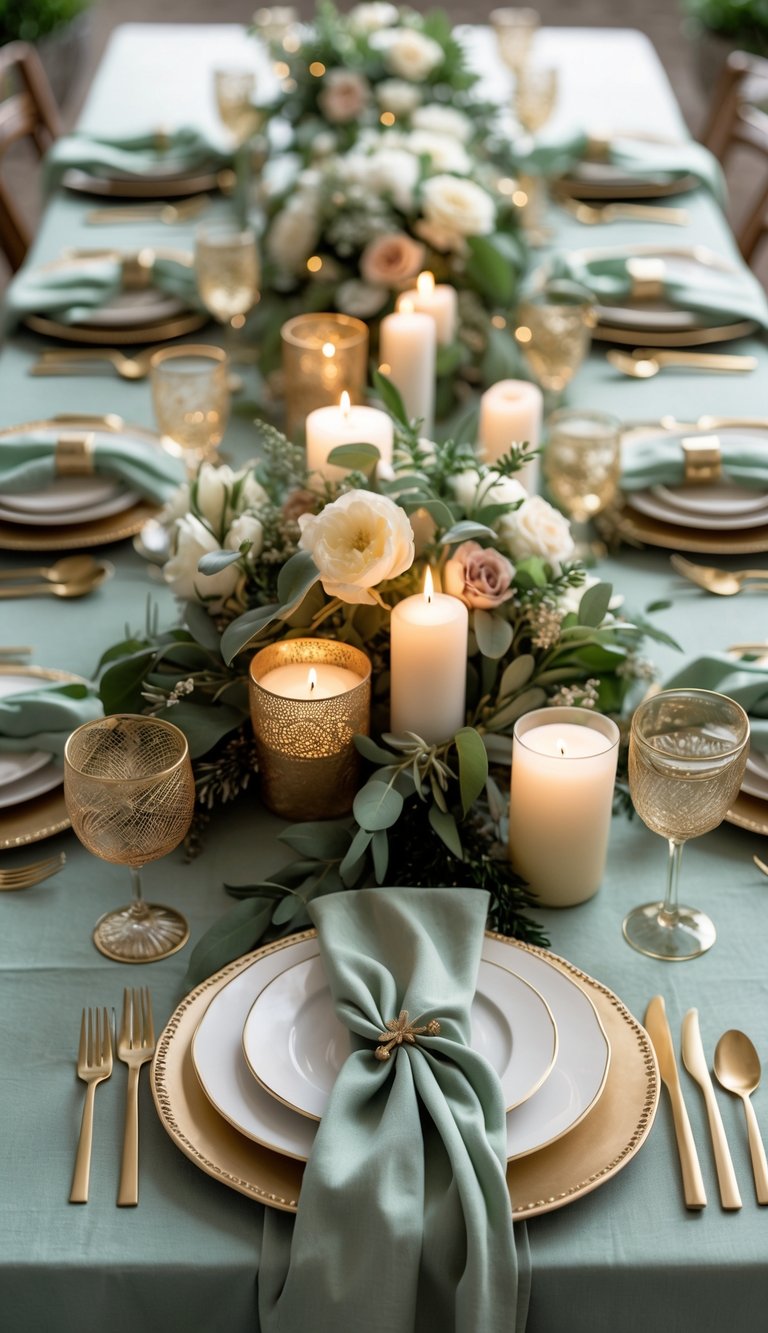 Elegant Dining Table with Sage Green Tablecloth Elegant Dining Table with Sage Green Tablecloth — Sage Green Christmas Decor