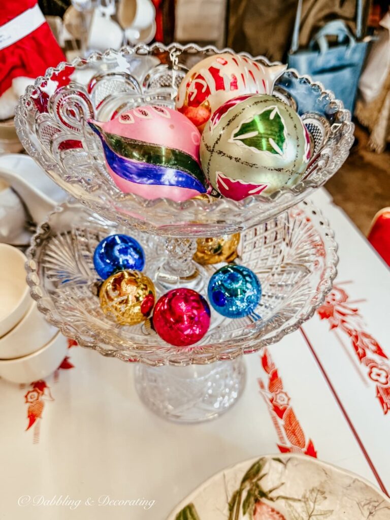 Colorful Vintage Ornaments on Tiered Crystal Stands — Vintage Christmas Ornaments
