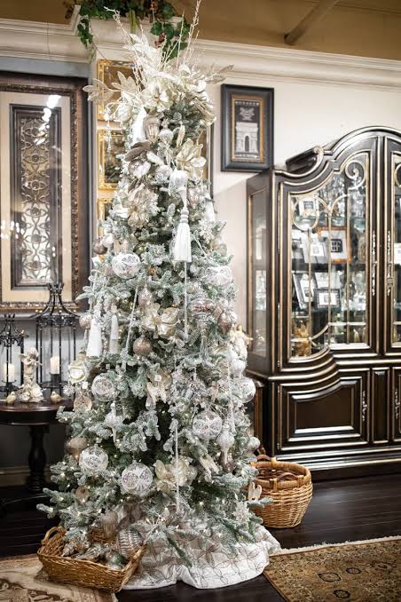 Traditional White and Gold Christmas Tree with Antique Cabinet — White Christmas Tree Decor