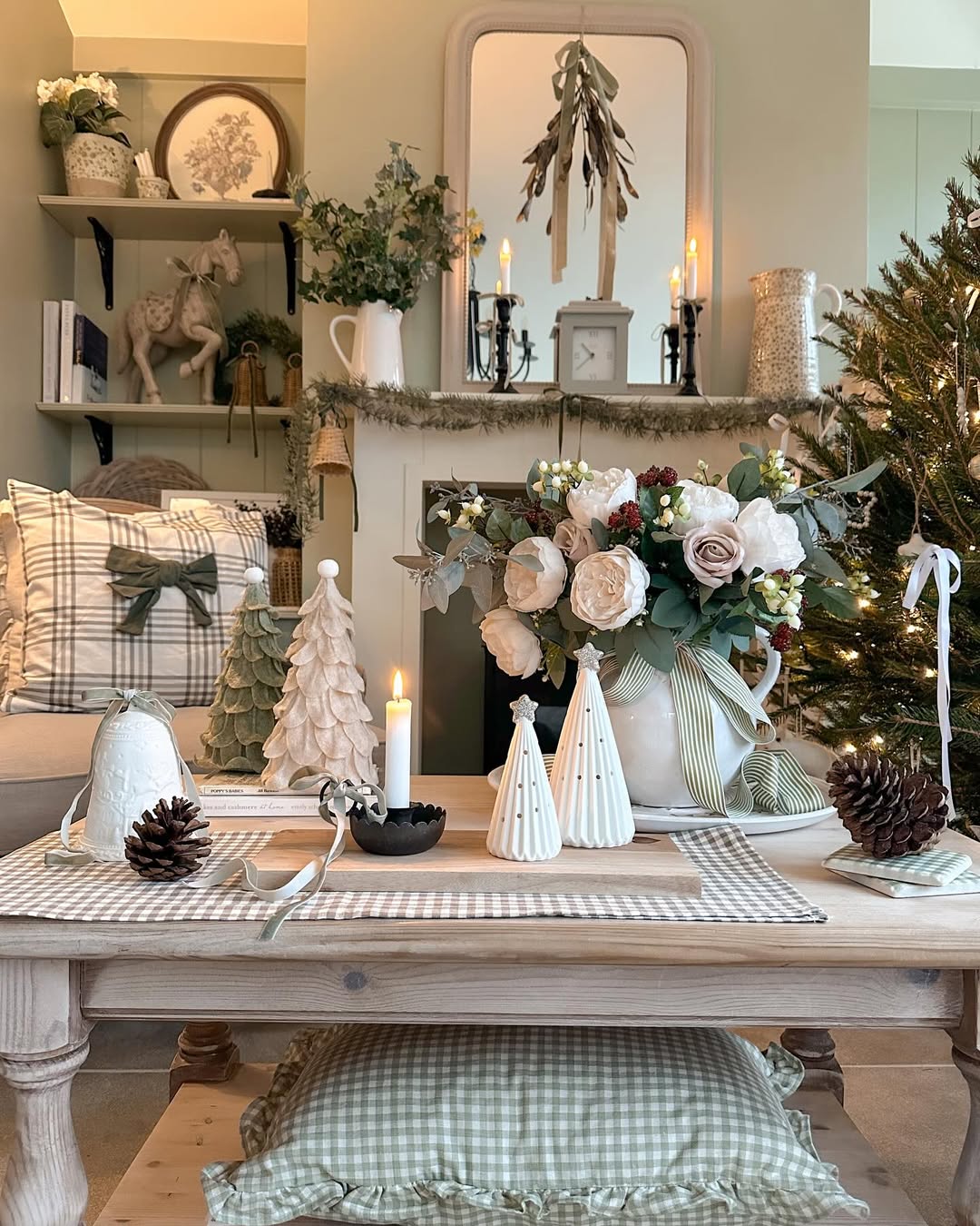 Cottagecore Coffee Table with Ceramic Trees and Plaid Cottagecore Coffee Table with Ceramic Trees and Plaid — Christmas Coffee Table Decor
