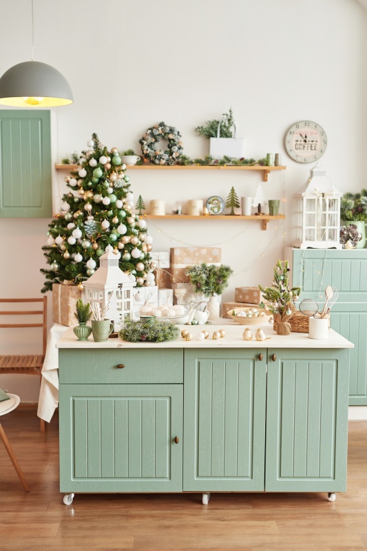 Farmhouse Kitchen Island and Tree Decor with Mint Green Accents — Christmas Kitchen Decor