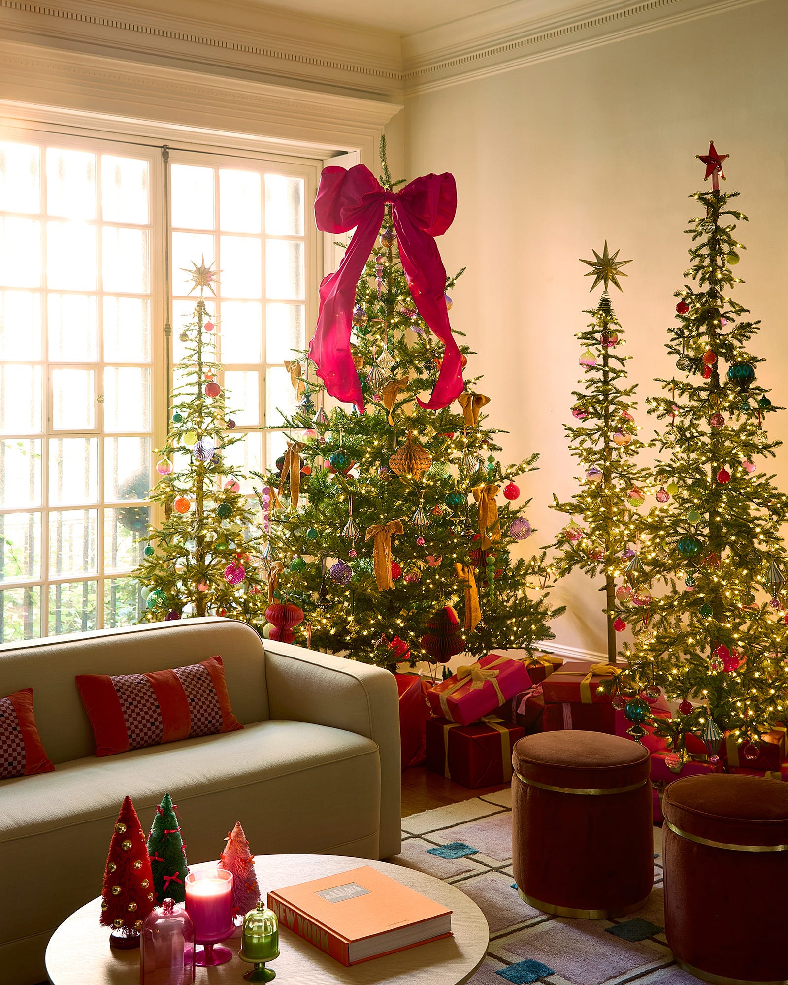 Eclectic Living Room Featuring Three Distinct Christmas Trees Eclectic Living Room Featuring Three Distinct Christmas Trees — Aesthetic Christmas Decor