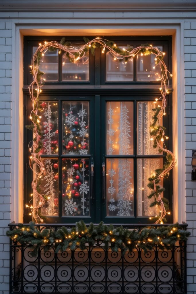 Cozy Window Decor with Heart-Shaped Fairy Lights and Pine Garland Cozy Window Decor with Heart-Shaped Fairy Lights and Pine Garland — Christmas Window Decor Outdoor