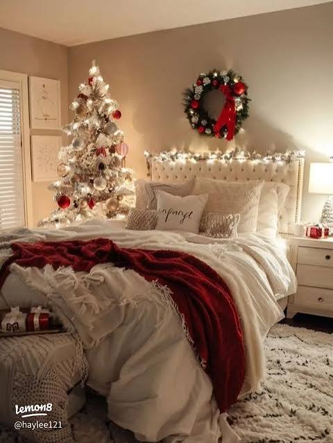 Festive Christmas Bedroom with Tufted Headboard and Sparkling Fairy Lights — Christmas Fairy Lights Headboard