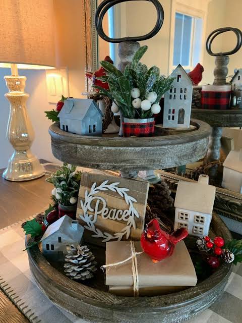Gray Wooden Tiered Tray with Miniature Houses and Red Bird Gray Wooden Tiered Tray with Miniature Houses and Red Bird — Christmas Tiered Tray