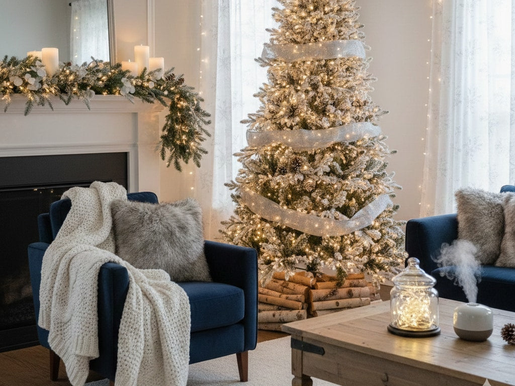 Cozy Winter Wonderland Living Room with Snow-Flocked Tree and Fireplace Garland — Winter Wonderland Christmas Decor