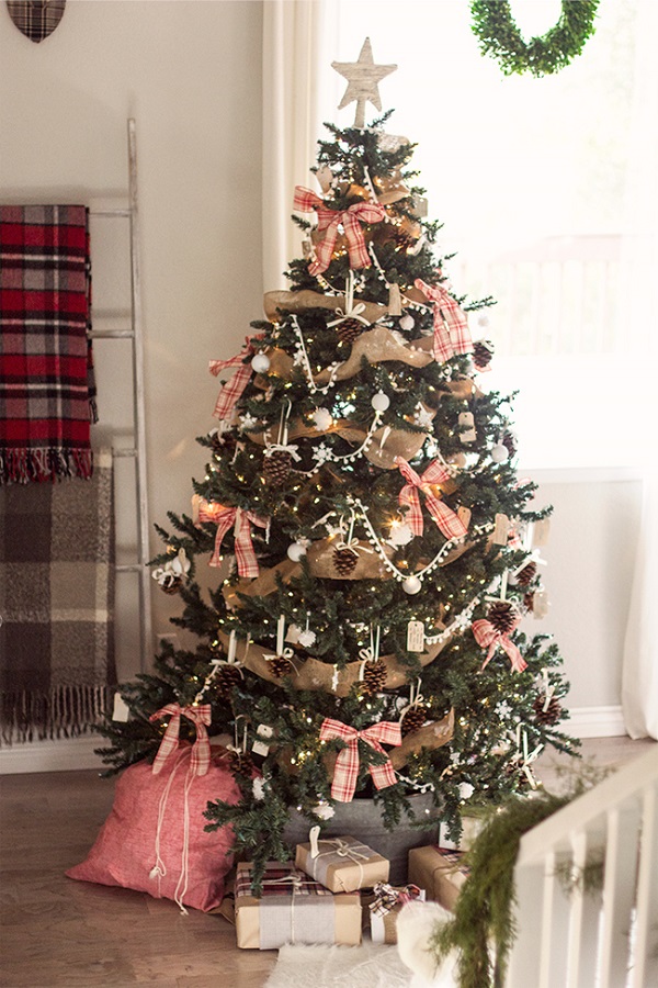 Galvanized Bucket Tree Collar with Plaid Accents Galvanized Bucket Tree Collar with Plaid Accents — Farmhouse Christmas Tree