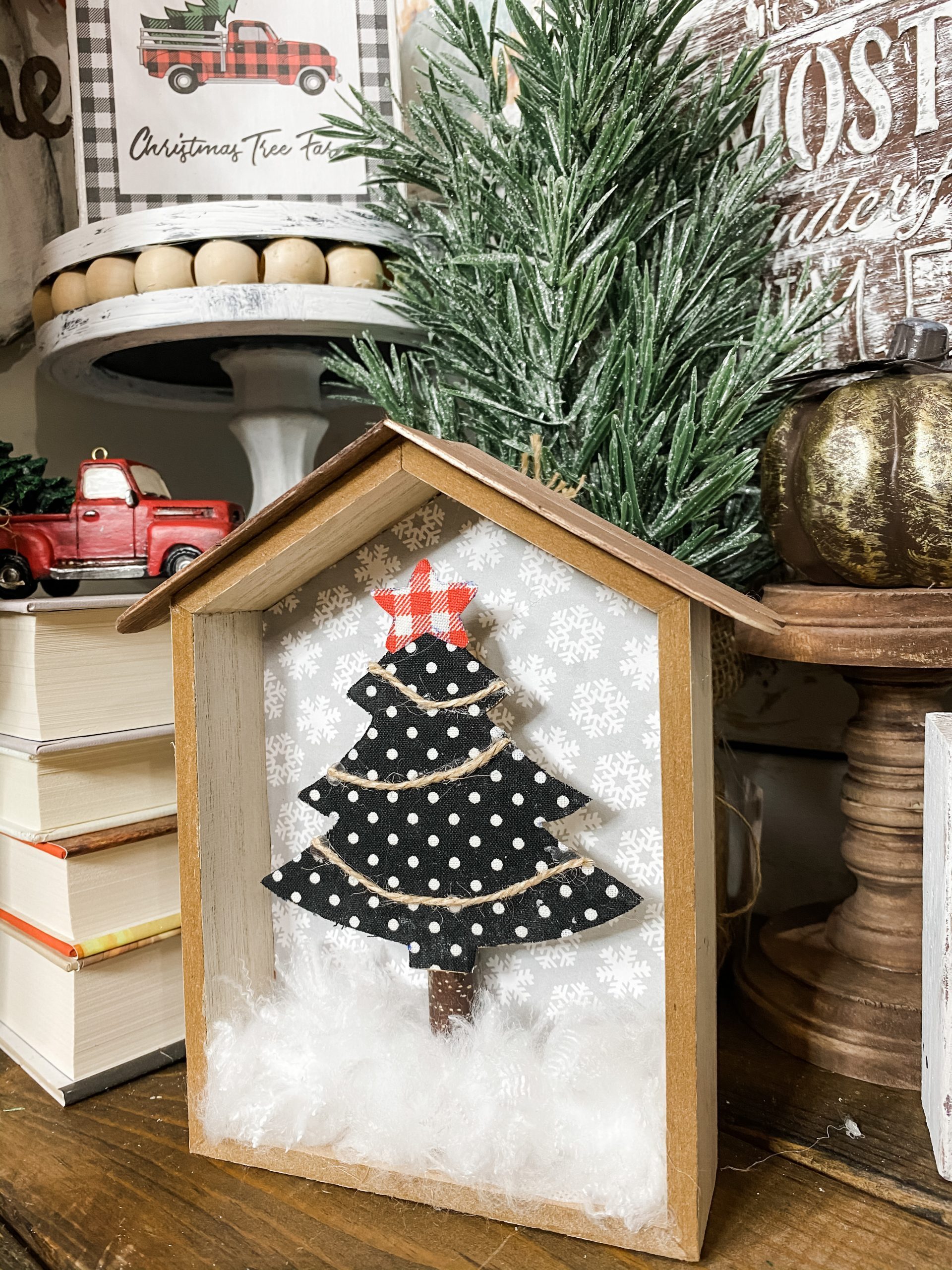 Farmhouse Tiered Tray with Miniature House and Polka Dot Tree — Dollar Tree Christmas Decor