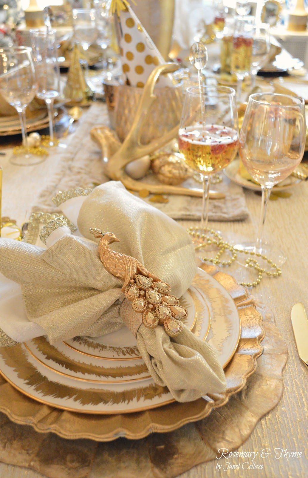 Glam New Year's Eve Table Setting with Peacock Napkin Rings Glam New Year's Eve Table Setting with Peacock Napkin Rings — New Years Eve Table Decor