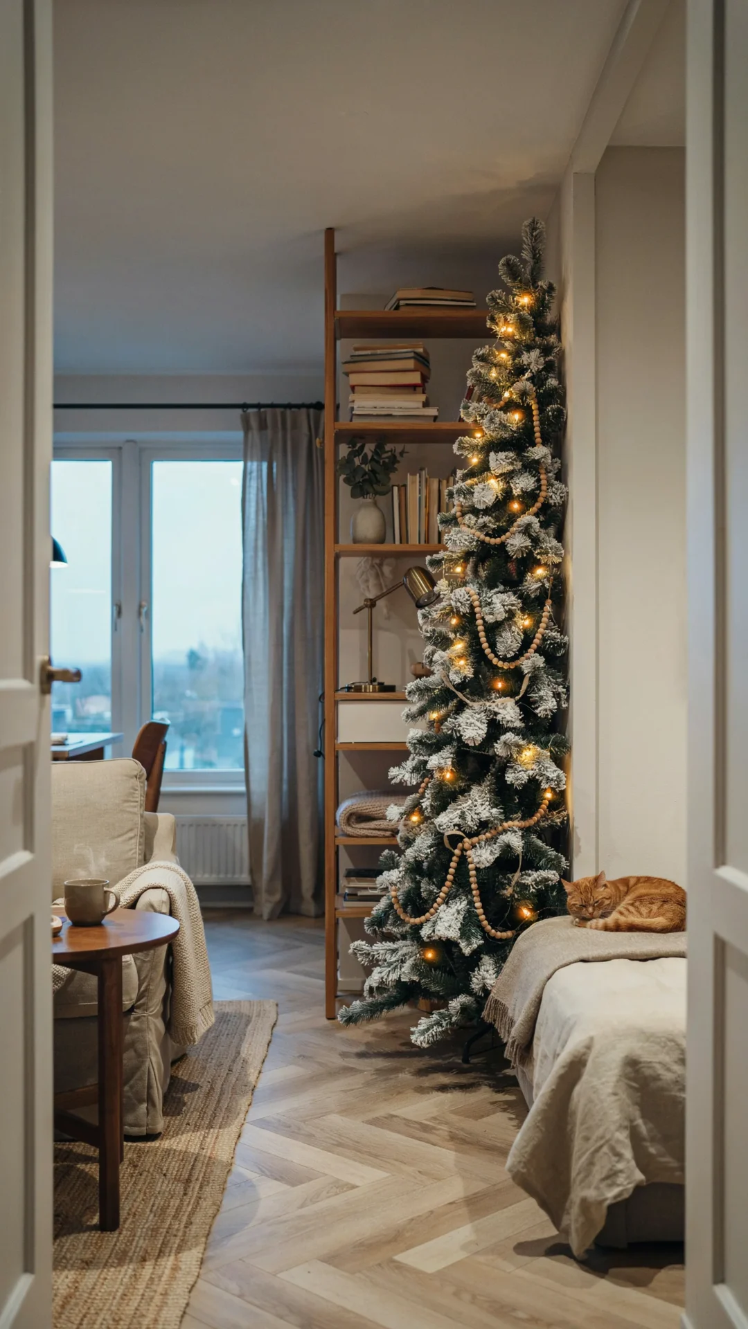 Snow-Dusted Christmas Tree Creating a Cozy Reading Nook Snow-Dusted Christmas Tree Creating a Cozy Reading Nook — Christmas Apartment Decor