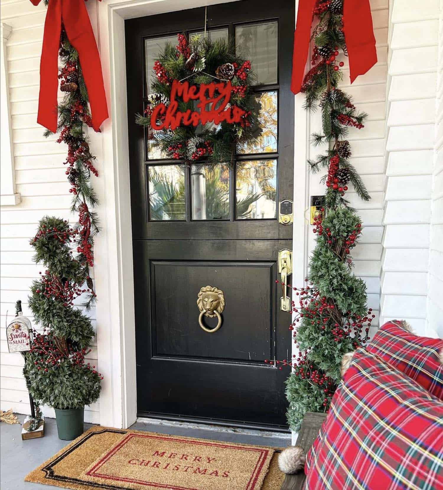 Festive Front Door with Wreath, Garland, and Topiaries Festive Front Door with Wreath, Garland, and Topiaries — Red and Green Christmas Decor