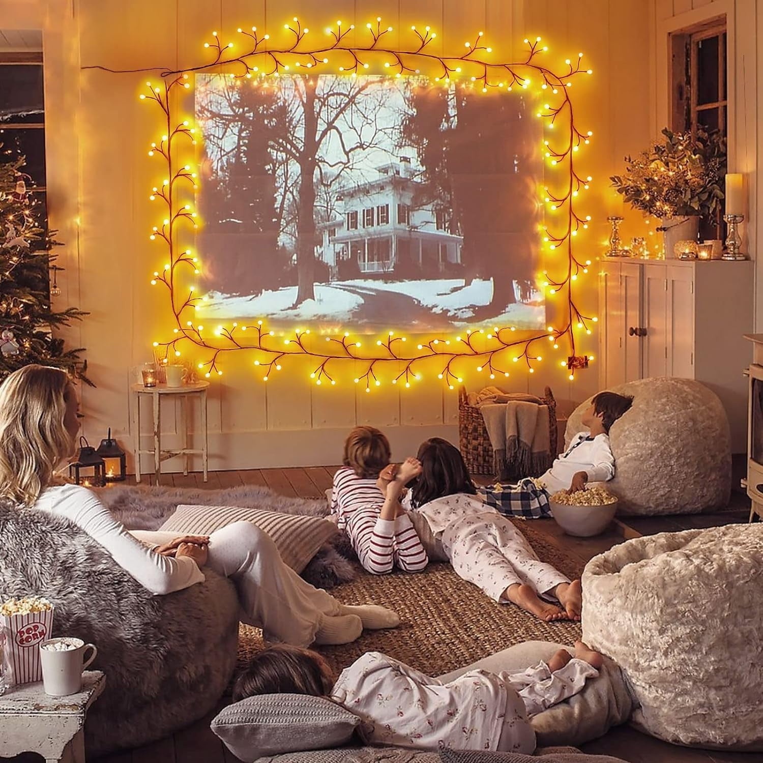 Fairy Lights Framing a Projector Screen for Movie Nights Fairy Lights Framing a Projector Screen for Movie Nights — Christmas Fairy Lights Living Room