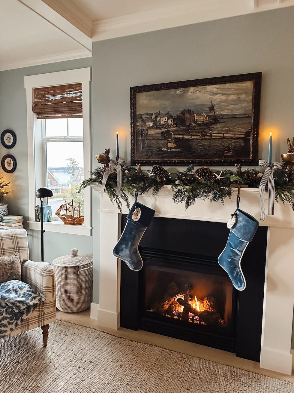 Coastal Charm with Blue Velvet Stockings Coastal Charm with Blue Velvet Stockings — Christmas Mantel Decor