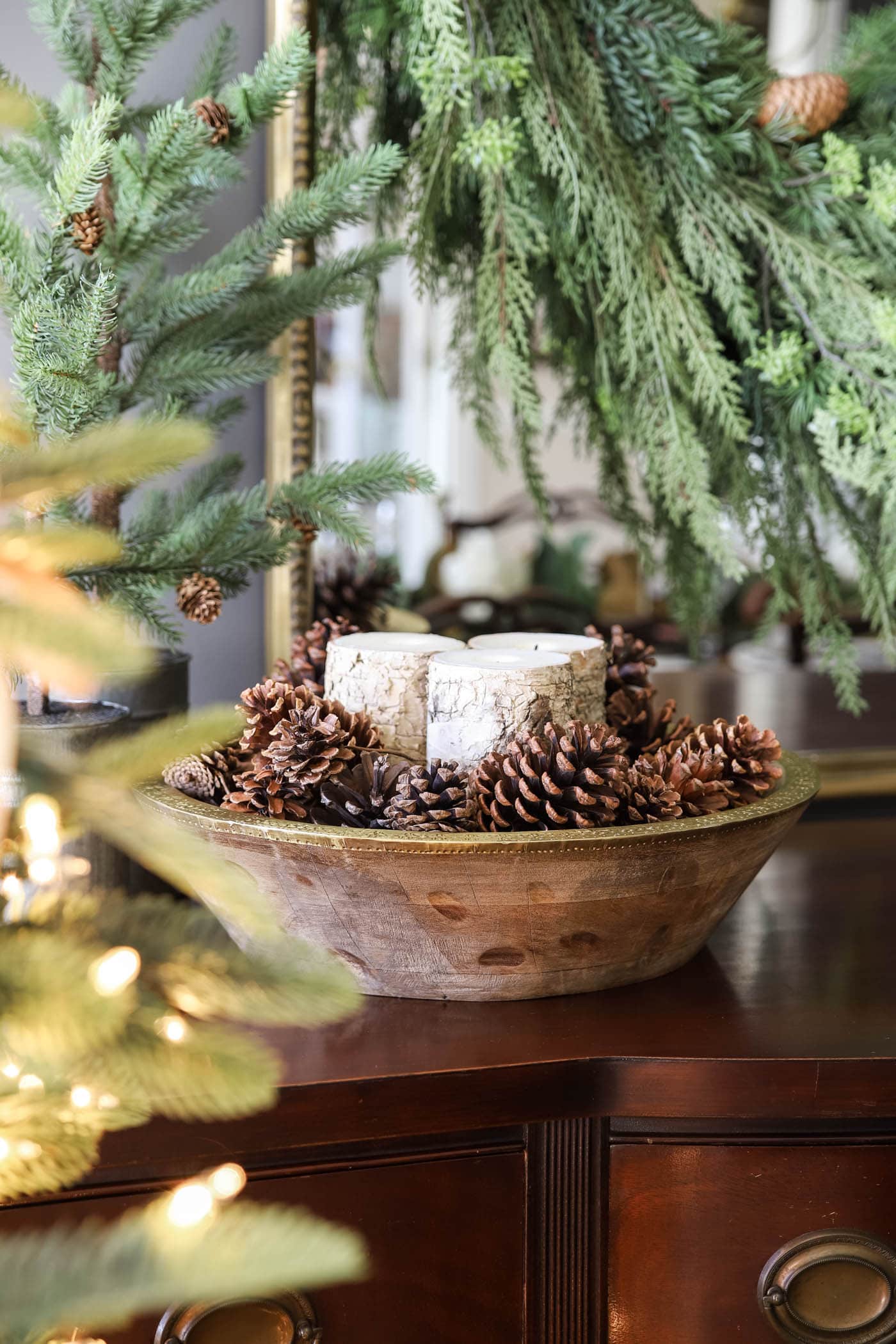 Rustic Wooden Bowl Centerpiece with Pinecones and Candles — Rustic Christmas Decor