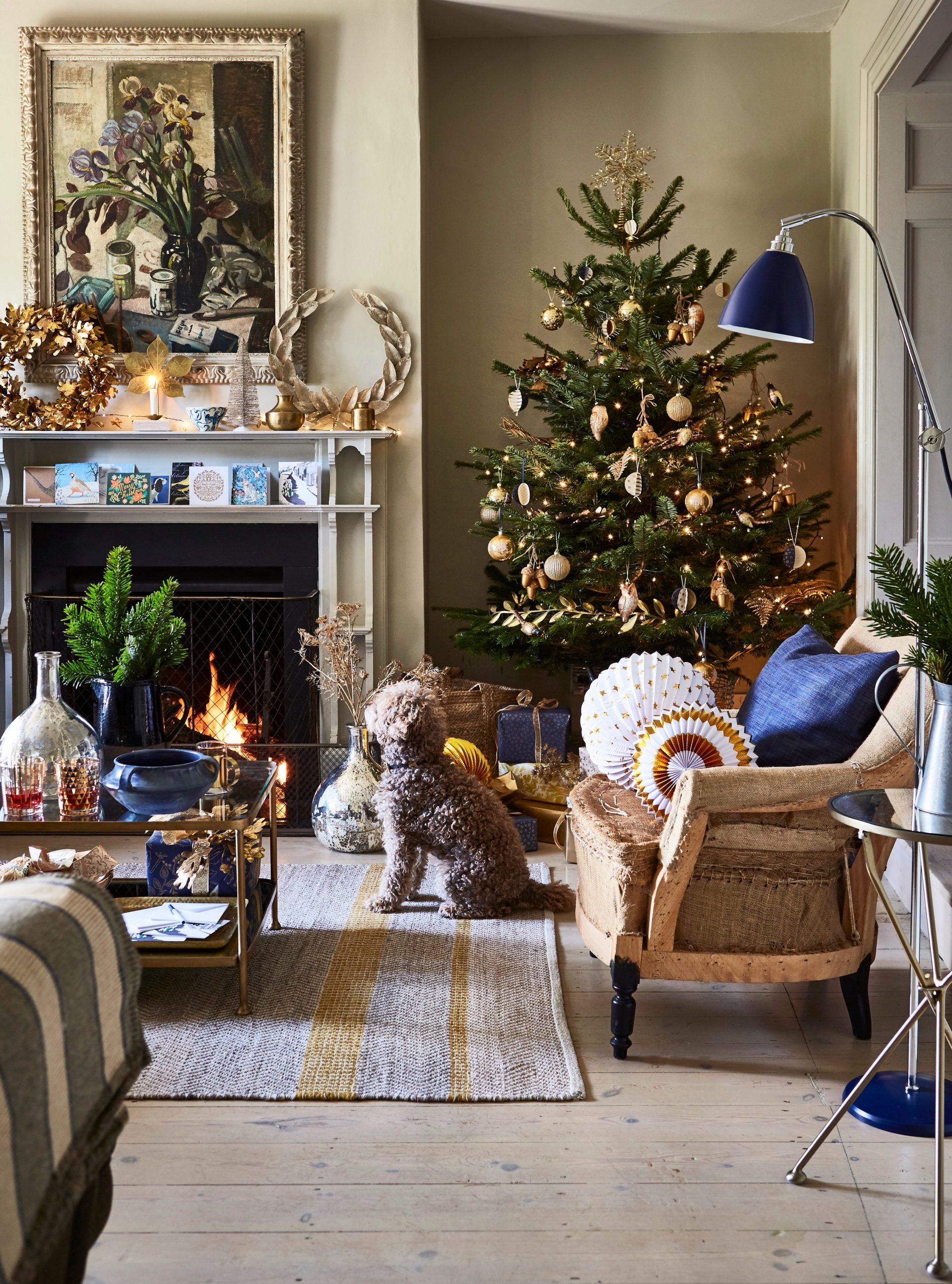 Cozy Christmas Tree with Natural Ornaments and a Dog Companion — Christmas Tree Decorating