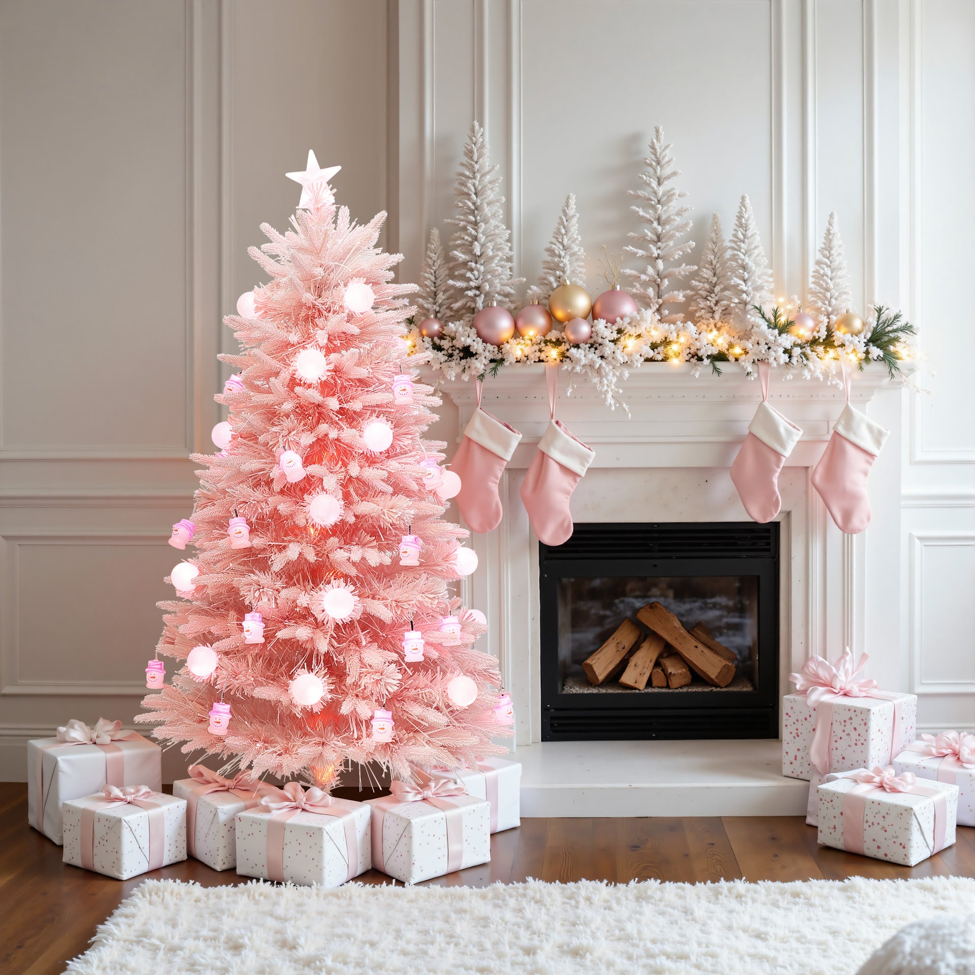 Pink Christmas Tree Next to a White Fireplace — Pink Christmas Decor