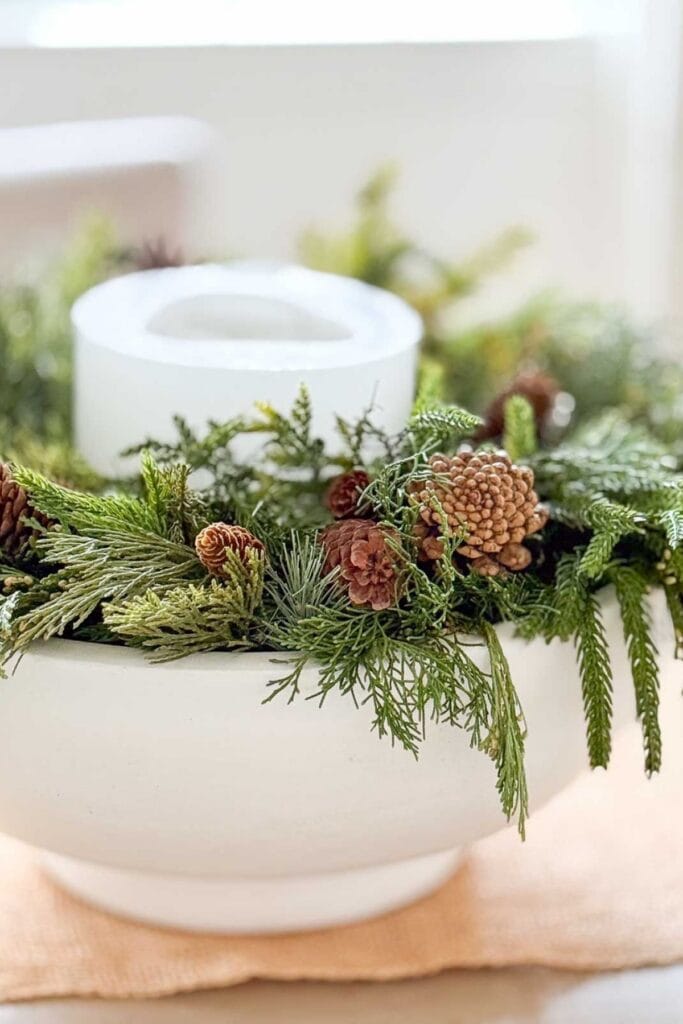 Rustic White Bowl Candle Centerpiece with Natural Greenery — Christmas Candle Decor
