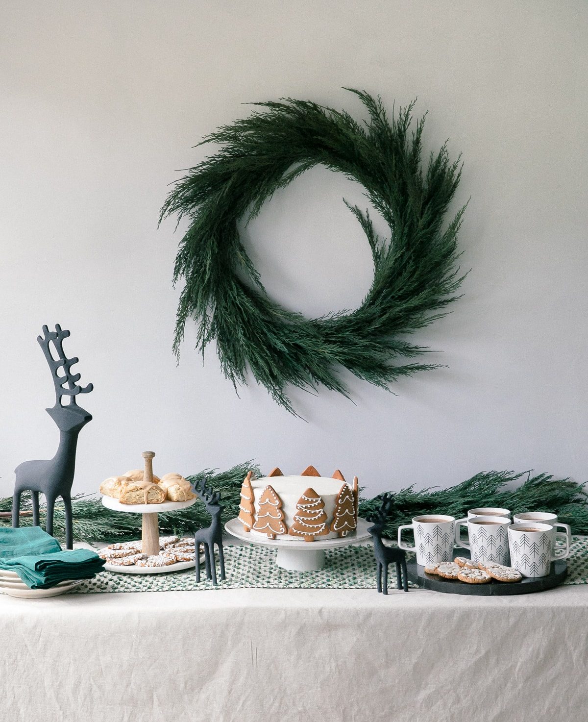 Cozy Rustic Table with a Christmas Tree Decorated Cake — Christmas Dessert Table