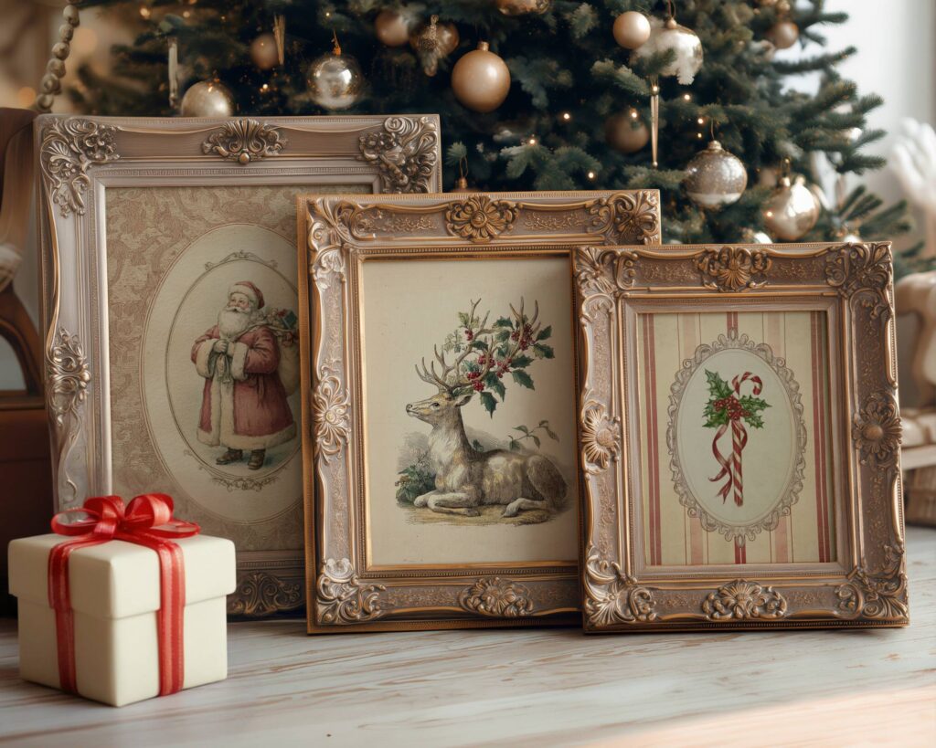 Ornate Gold Frames with Vintage Christmas Prints Ornate Gold Frames with Vintage Christmas Prints — Christmas Wall Decor