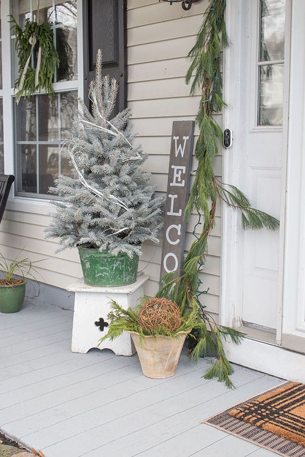 Small Flocked Tree with Rustic Welcome Sign — Simple Christmas Outdoor Decor
