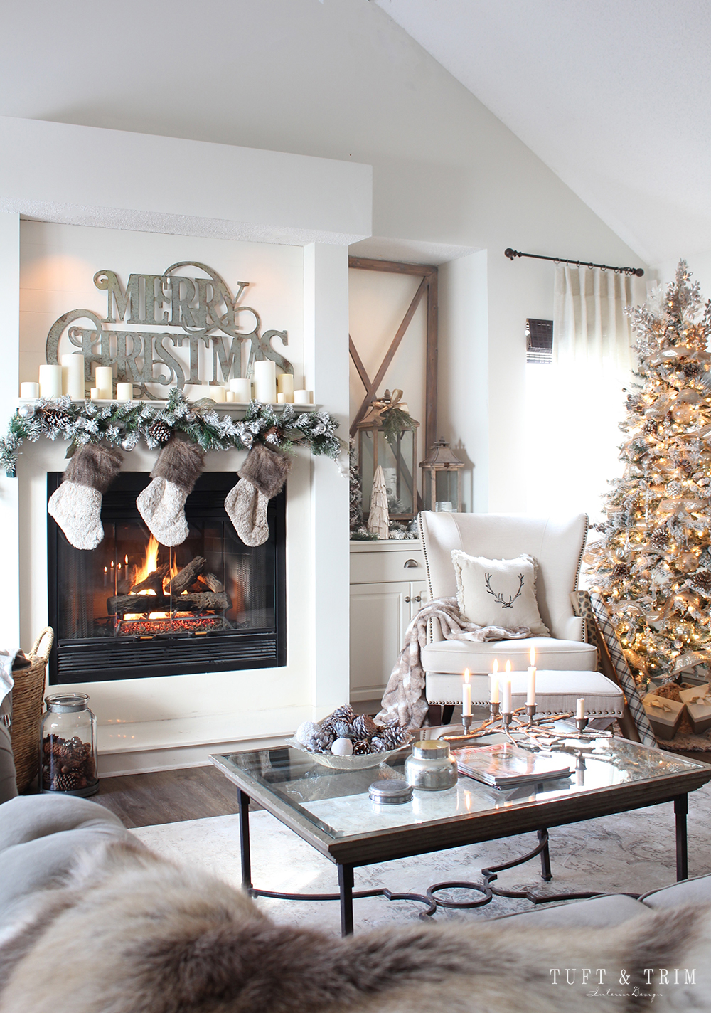 Rustic Neutral Living Room with Frosted Christmas Tree — Elegant Christmas Decor