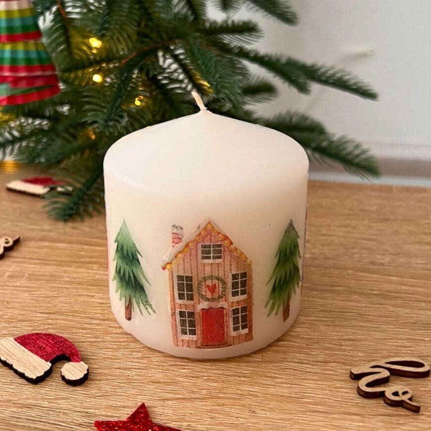 Charming Pillar Candle with Cozy House Illustration — Christmas Candle Decor