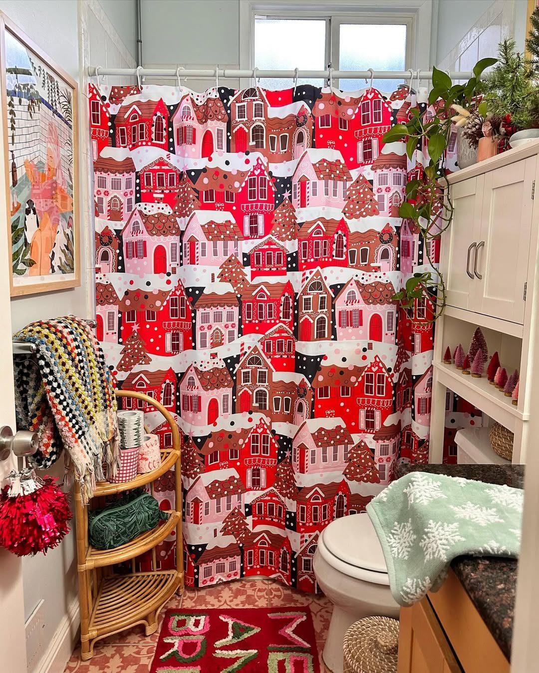 Whimsical Gingerbread House Shower Curtain and Rattan Accents Whimsical Gingerbread House Shower Curtain and Rattan Accents — Christmas Bathroom Decor
