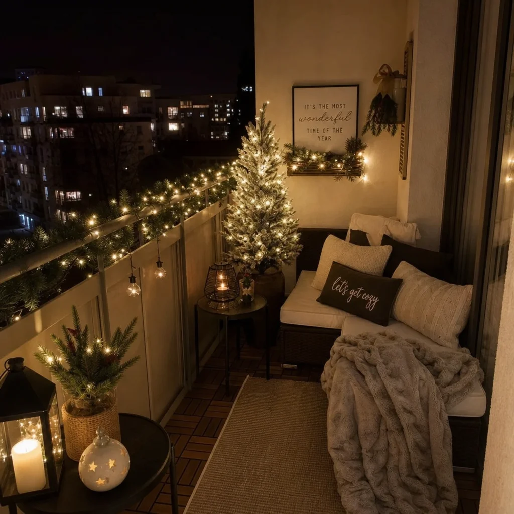 Nighttime Balcony with Lit Tree, Sectional Sofa, and Abundant Lights — Christmas Balcony Decor