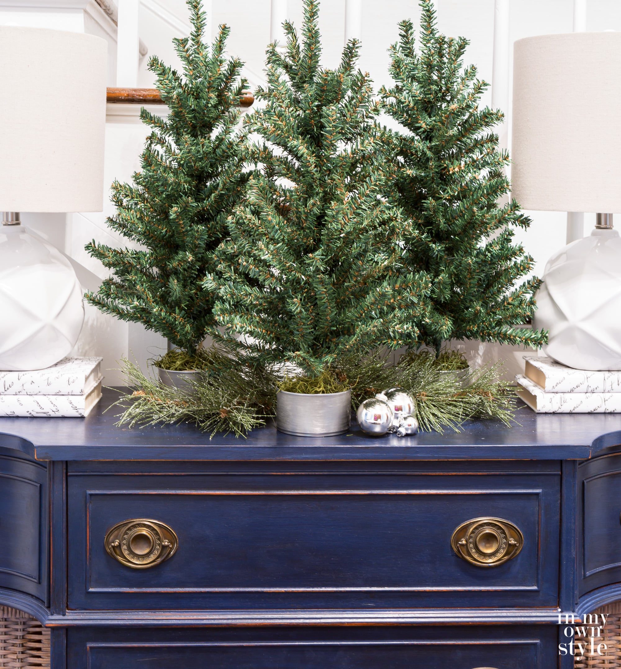 Transitional Dresser Top with Three Mini Christmas Trees — Small Christmas Tree Decor