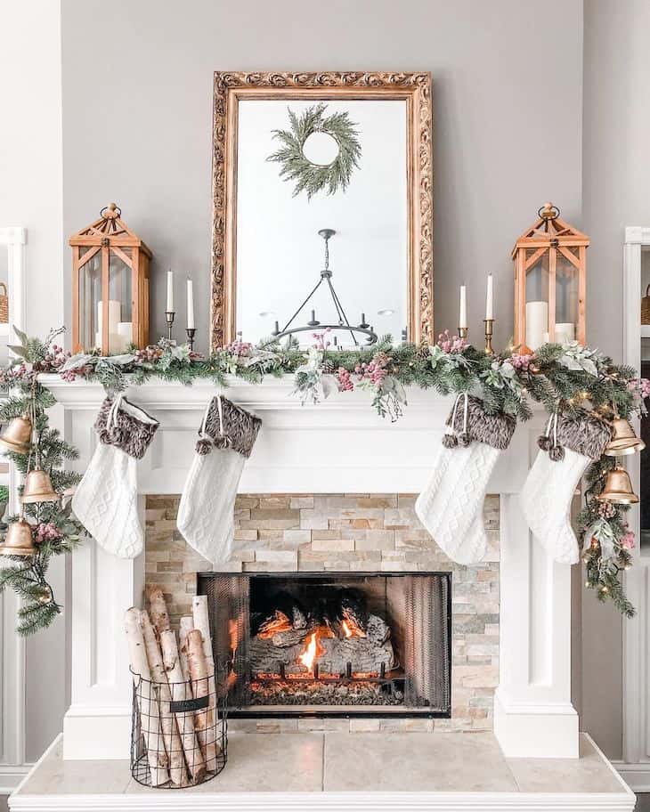Farmhouse Mantel with Pink Berries and Ornate Mirror Farmhouse Mantel with Pink Berries and Ornate Mirror — Christmas Mantel Decor