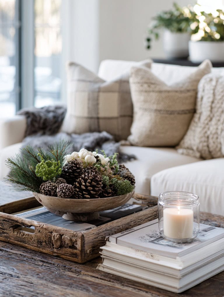 Rustic Bowl Filled with Pinecones and Greenery Rustic Bowl Filled with Pinecones and Greenery — Winter Decor After Christmas