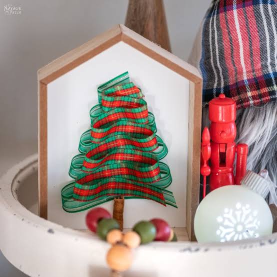 Farmhouse Tray with Plaid Ribbon Christmas Tree and Gnome — Dollar Tree Christmas Decor