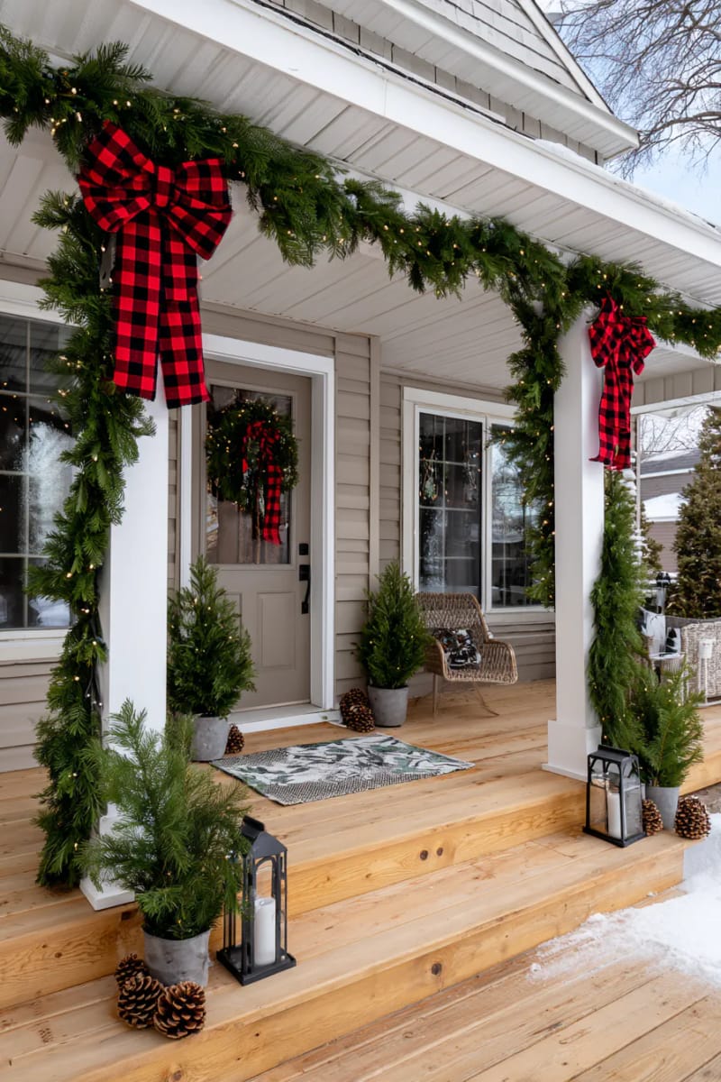 Farmhouse Garland with Large Buffalo Check Bows — Simple Christmas Outdoor Decor