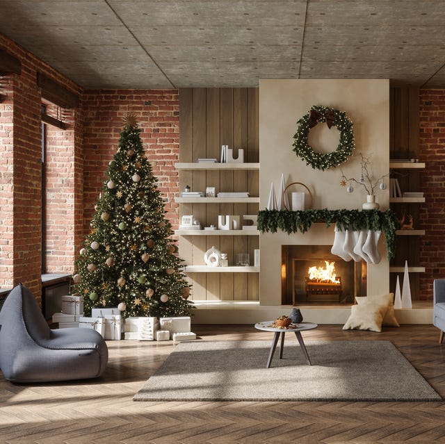 Modern Rustic Living Room with Brick and Wood Accents — Christmas Tree Decorating