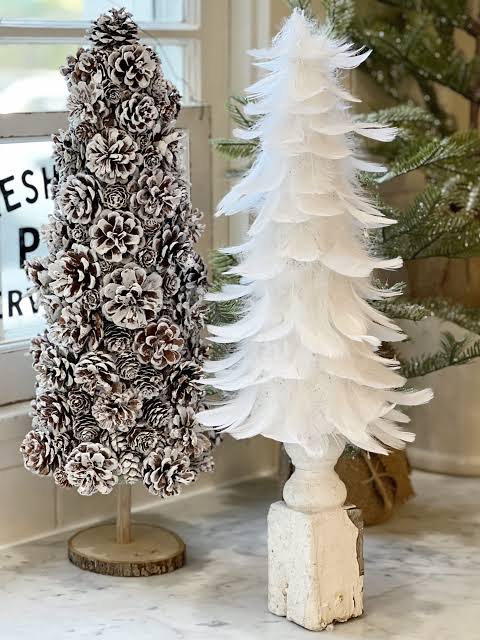 Tabletop White Feather Christmas Tree Vignette — White Christmas Tree Decor