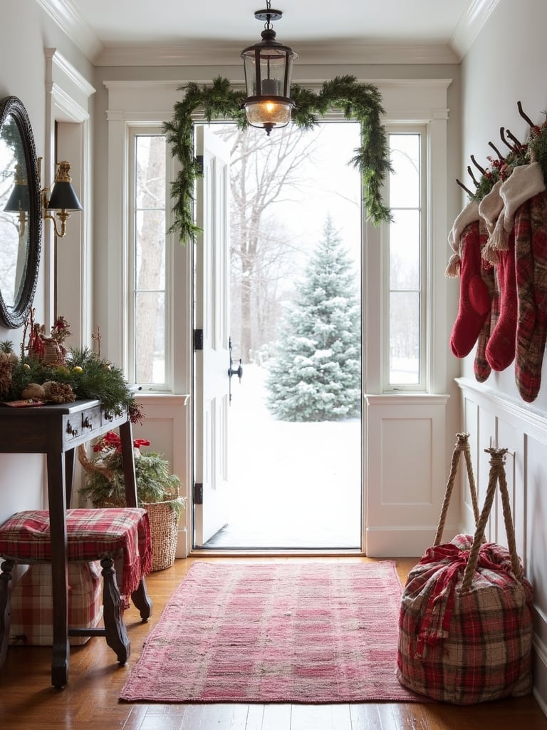 Farmhouse Entryway with Plaid Rug, Stockings, and Snowy View Farmhouse Entryway with Plaid Rug, Stockings, and Snowy View — Christmas Entryway Decor