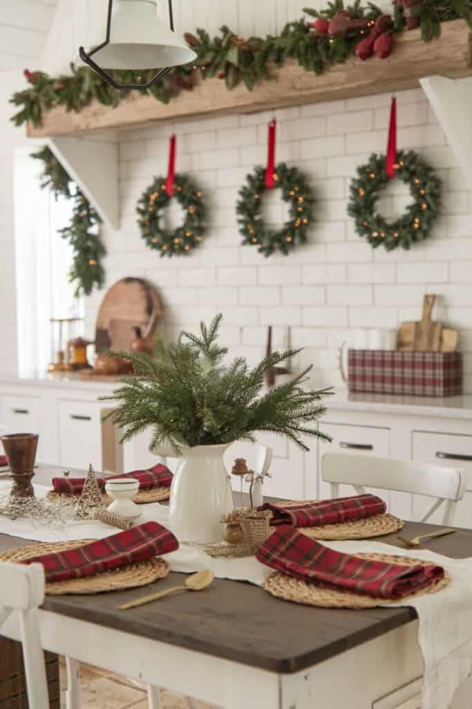 Farmhouse Kitchen Table Setting with Red Plaid Napkins and Garland — Farmhouse Christmas Decor