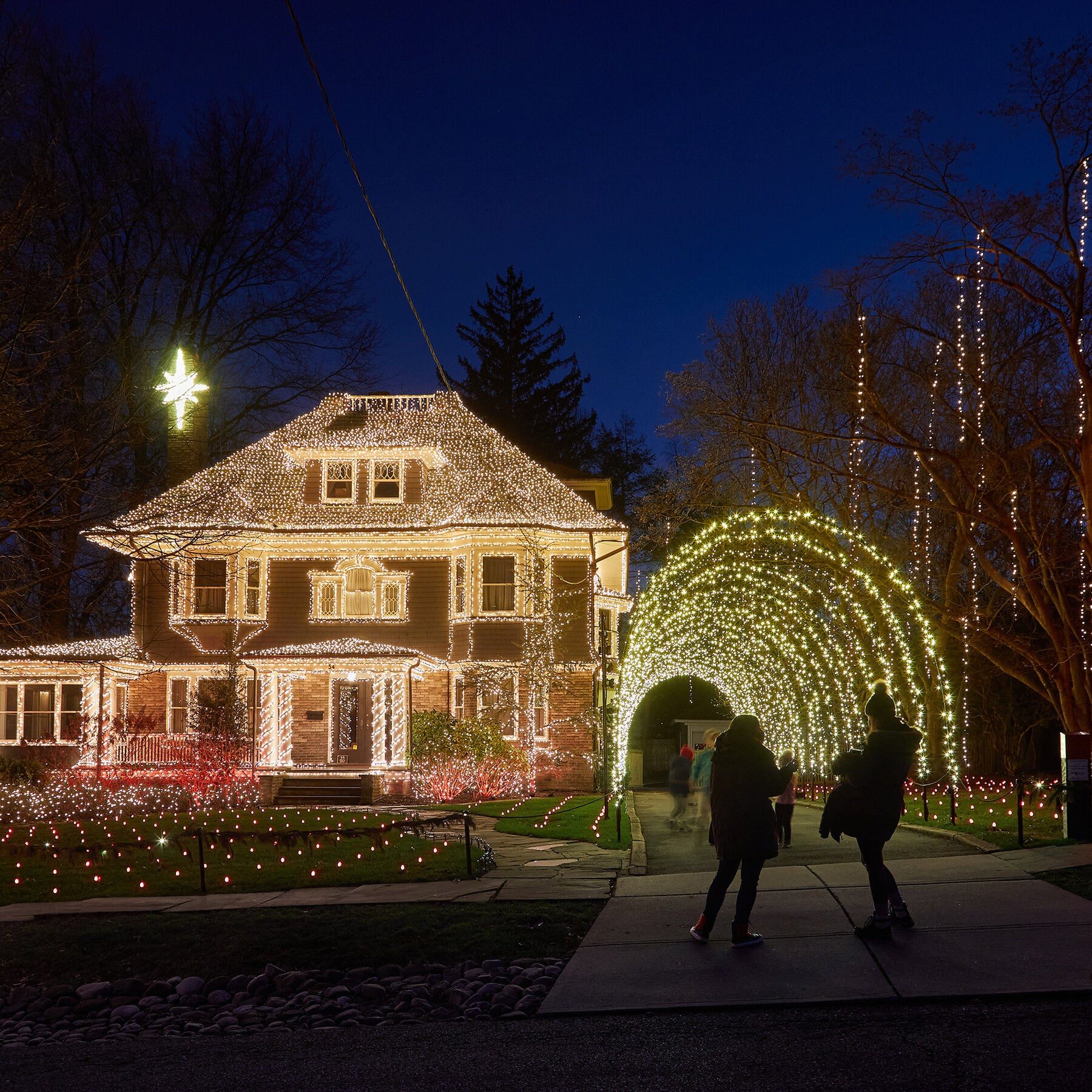 Dramatic House and Yard Illumination with Archway Tunnel — Outdoor Christmas Lights