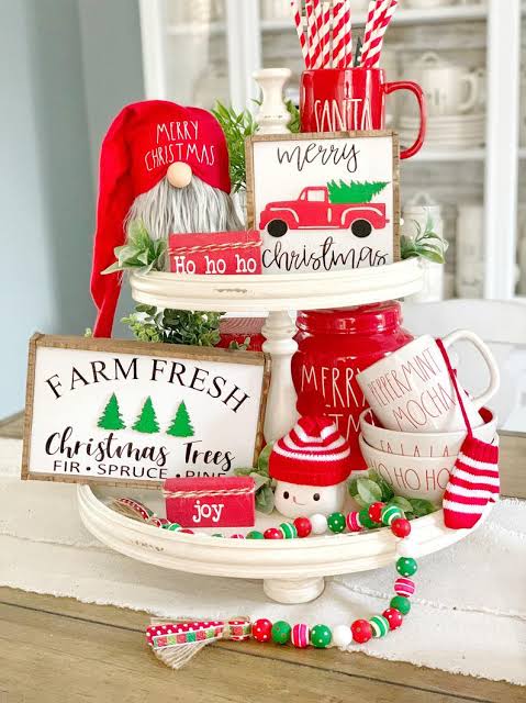 White Tiered Tray with Gnome and Festive Christmas Signs White Tiered Tray with Gnome and Festive Christmas Signs — Christmas Tiered Tray