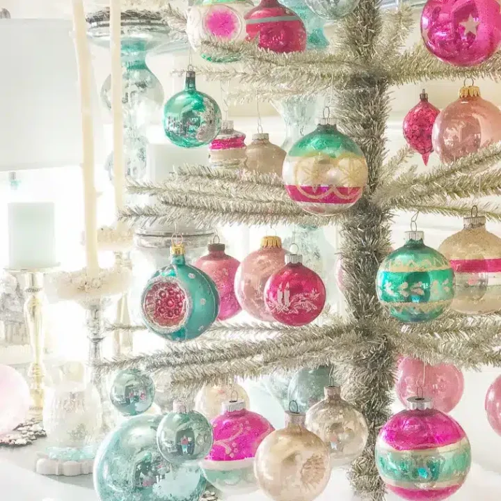 Pastel Vintage Ornaments on a Shimmering Tinsel Tree — Vintage Christmas Ornaments