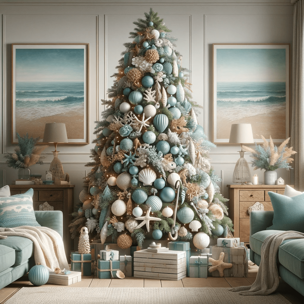 Coastal Christmas Tree with Blue, White, and Beige Ornaments — Christmas Tree Color Schemes