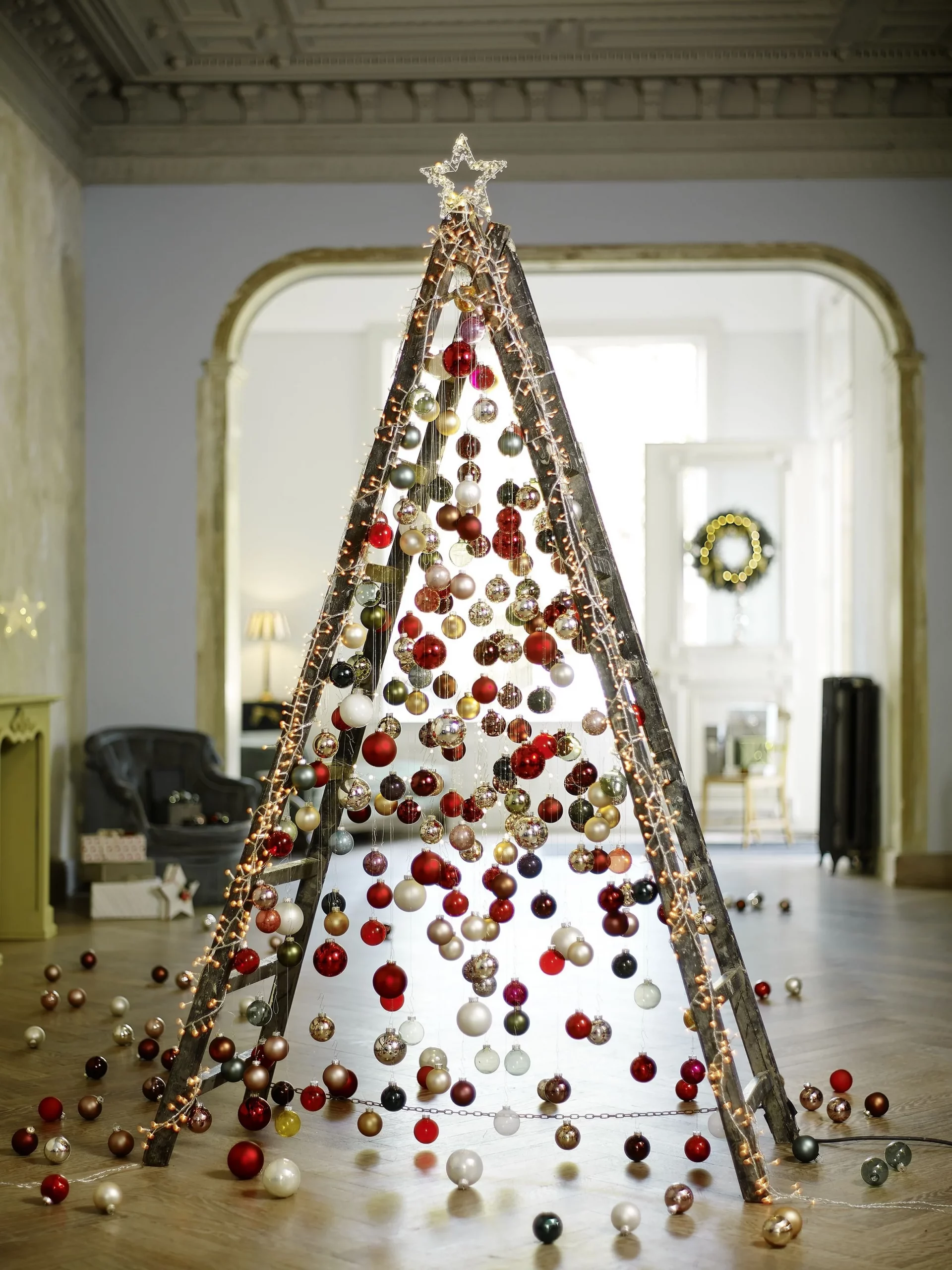 Eclectic Ladder Christmas Tree with Ornaments and Star — Alternative Christmas Trees