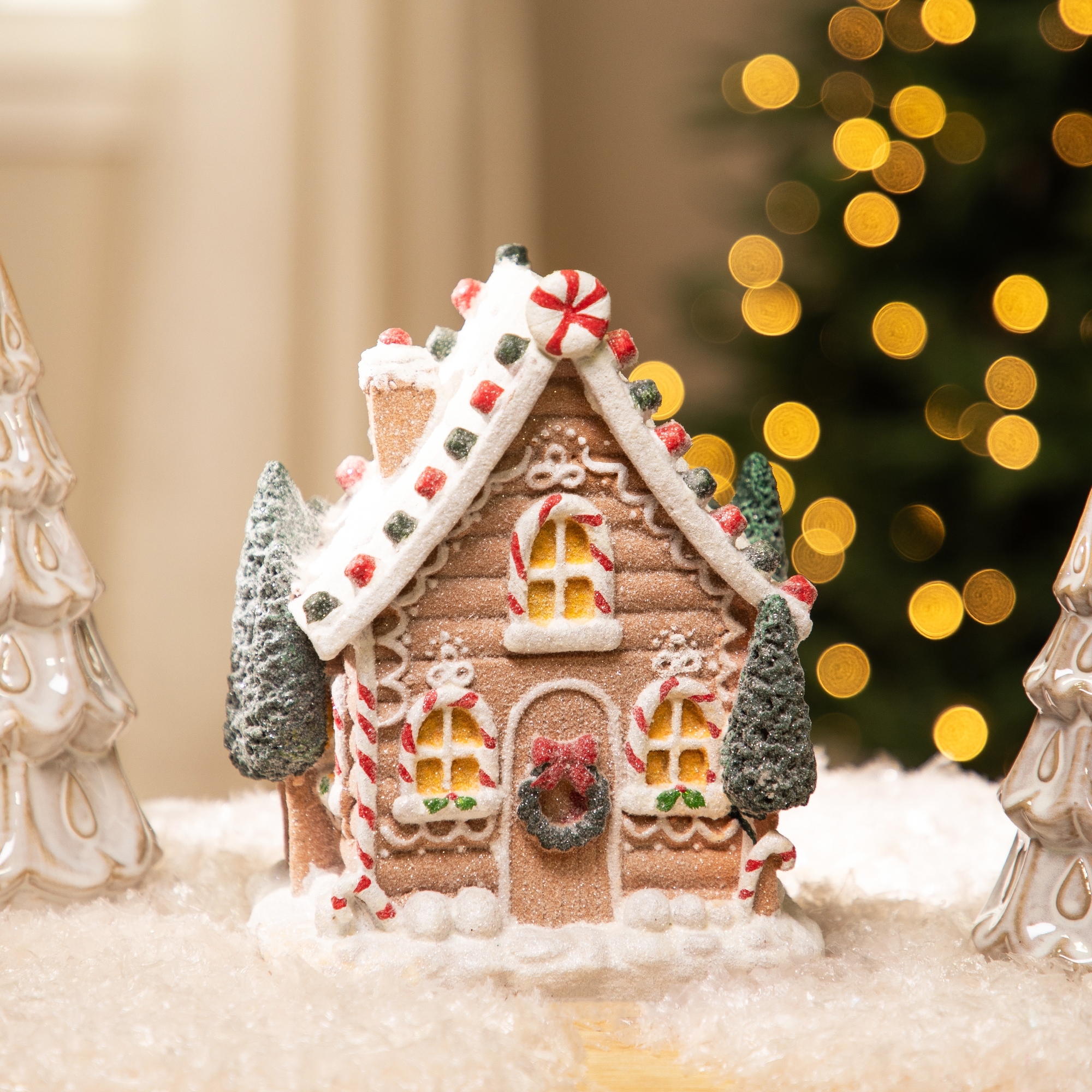 Whimsical Lighted Gingerbread House with Candy Accents — Gingerbread Christmas Decor