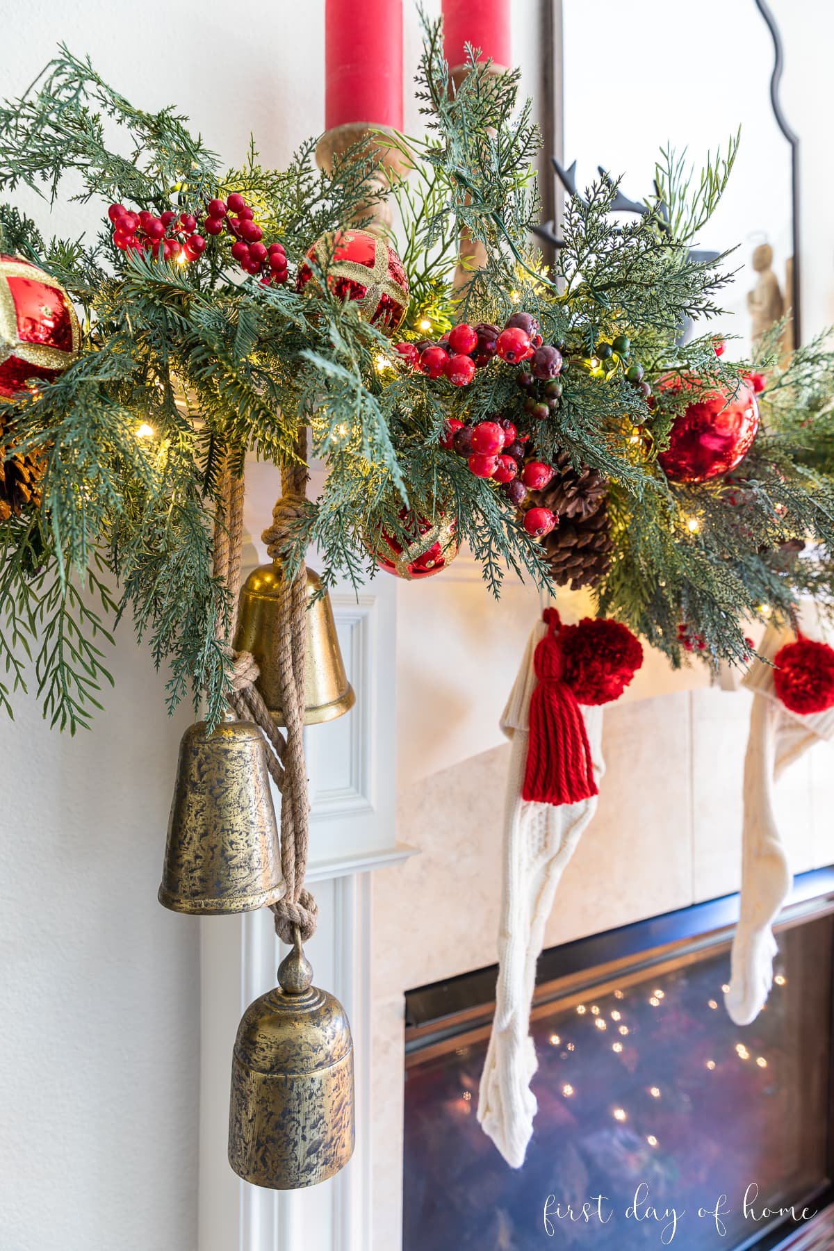 Cozy Traditional Mantel with Brass Bells Cozy Traditional Mantel with Brass Bells — Christmas Mantel Decor